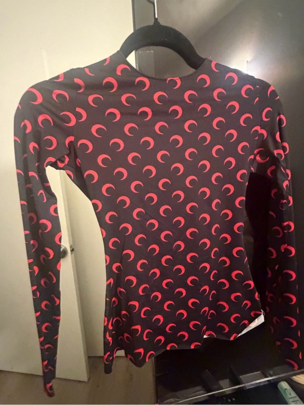 Marine Serre Black Long-Sleeve Top with Pink Crescent Pattern